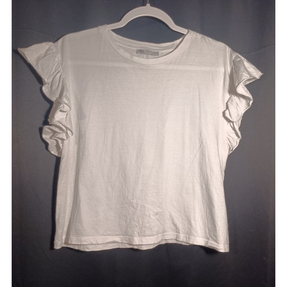 Zara Women’s Small White Ruffle Sleeve T‑Shirt Short Sleeve Minimalist Top